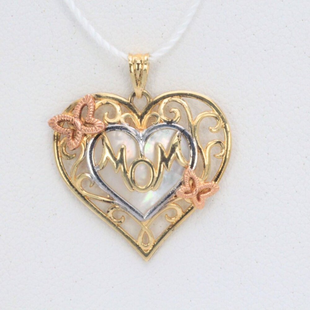 10k Solid Gold Mom Script Word with Mother of Pearl Background Pendant - Picture 4 of 10